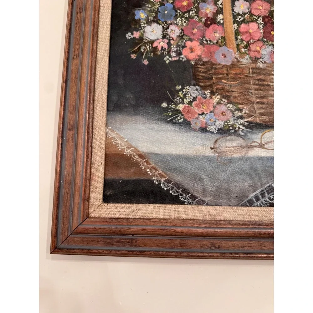 Vintage Still Life Oil Painting Floral Basket Home Decor 16x20 Cottage Dainty